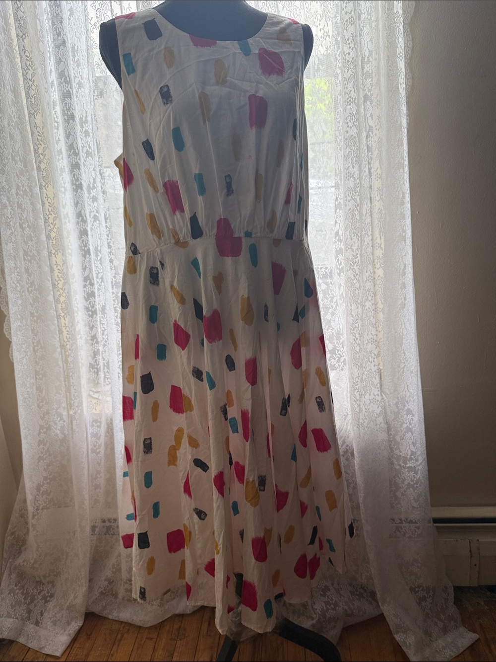 Lane Bryant 100% cotton White Dress Pink, Yellow, Teal & Black Brushstroke Print